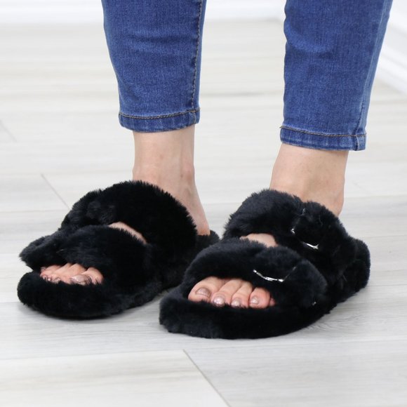 Black Puff Fuzzy Fluffy Slip On Plush Slippers Double Strap - Picture 6 of 16